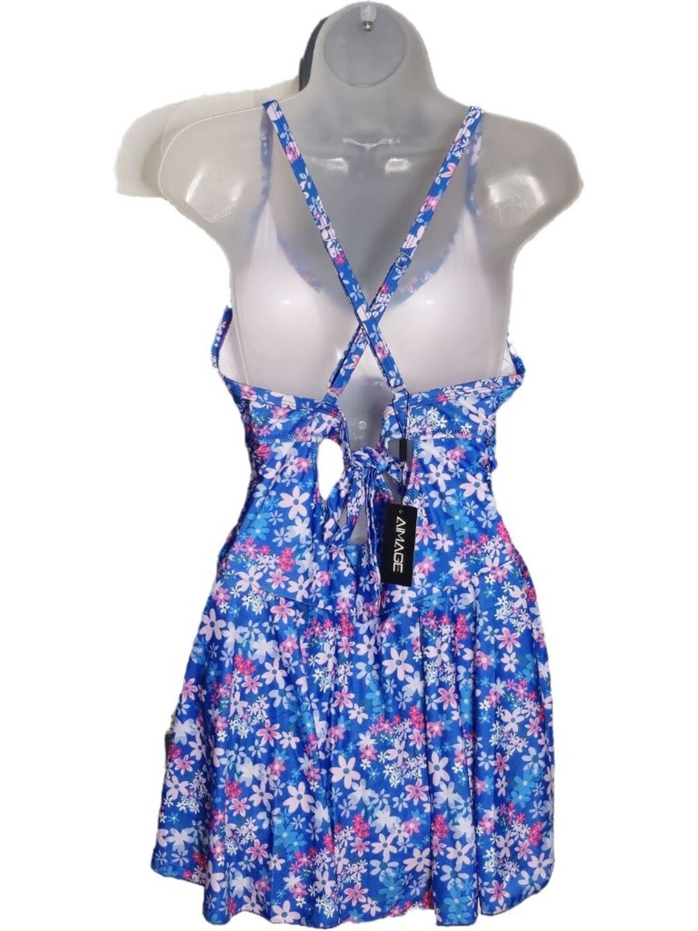 Plus Size Floral Cutout One Piece Swim Dress 2XL Blue Crisscross Straps Lined - Picture 8 of 9
